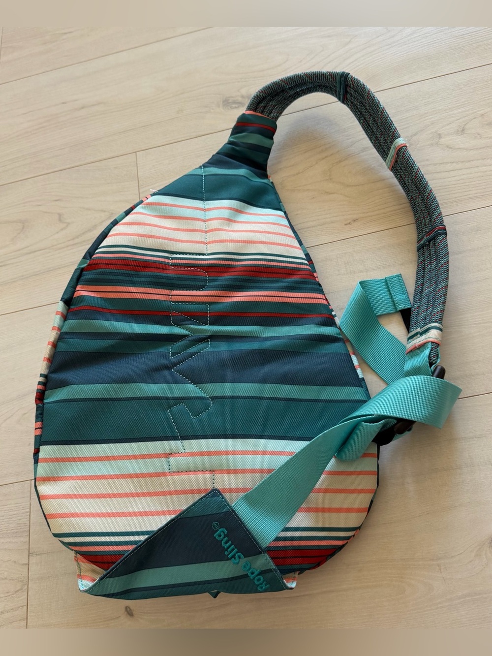 Kavu Teal and Coral Striped Sling Bag - Picture 4 of 5